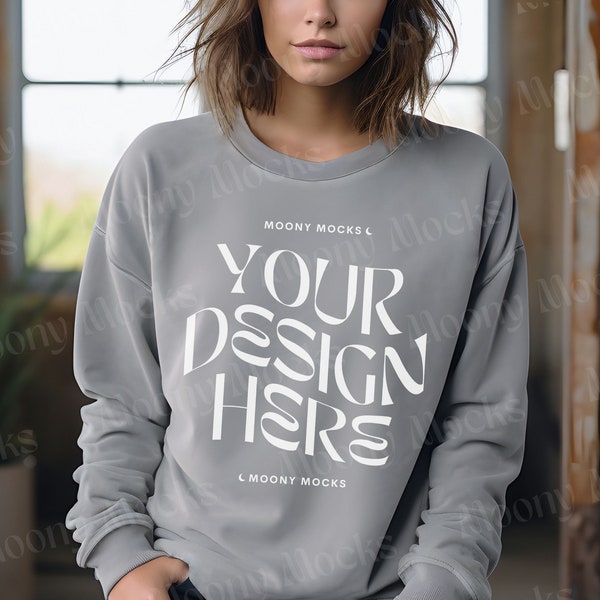 Comfort Colors 1566 Grey Sweatshirt Mockup Female Model Boho Grey CC 1566 Sweater Oversized Gray Mockup Styled Lifestyle Crewneck Aesthetic