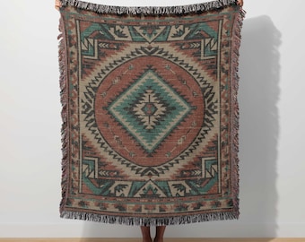Tribal Aztec Blanket, Southwestern Throw, Geometric Boho Moroccan Decor, Rustic Turkish Cotton Kilim