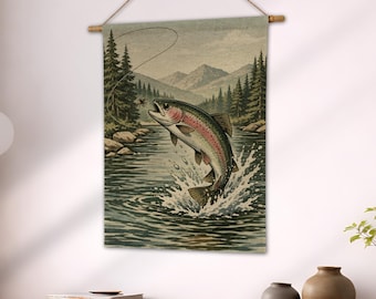 Rainbow Trout Fishing Tapestry, Fly Fish Woven Blanket, Rustic Cabin Life Decor, Angler Gift for Dad