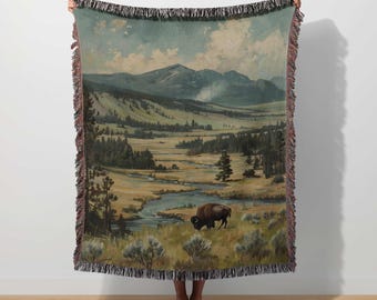 Yellowstone National Park Woven Blanket, Vintage Bison Tapestry, Nature Adventure Throw, Western Travel Decor, Lodge Camping
