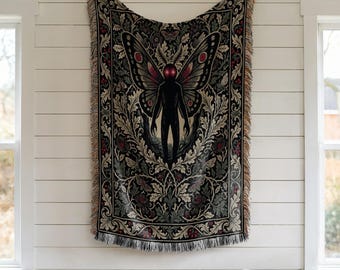 Mothman Decor, Cryptid Blanket, Weirdcore Wall Tapestry, Dark Academia Art, Gothic Moth Throw, Botanical Folklore