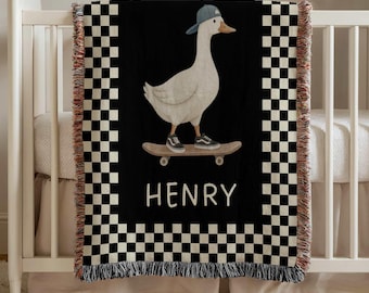 Custom Skater Goose Baby Blanket, Personalized Name Checker Woven Blanket, Rad Little Dude Boy Nursery Decor Gift