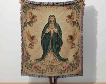 Virgin Mary Tapestry, Catholic Woven Blanket, Mother of God Throw, Jesus Christian Angel, Madonna Religious Faith Sacred Decor