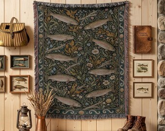 Rainbow Trout Fish Woven Blanket, Fisherman Wall Hanging, Vintage Fisher Tapestry, Rustic Cabin Lodge Decor Gift