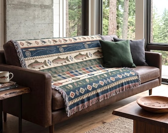 Rustic Fly Fishing Woven Blanket, Cabin Wall Hanging, Lodge Tapestry Throw, Lakehouse Trout Fisher Decor, Outdoorsman Gift for Him