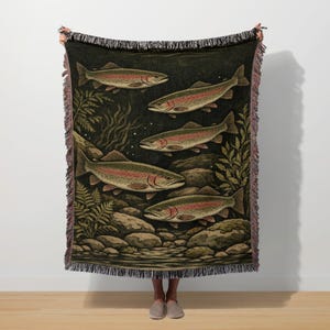 Trout Fishing Woven Blanket, Vintage Nature Tapestry, Angler Fisherman Gift, Lodge Cabin Decor