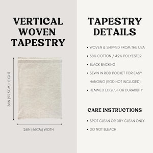 a vertical woven tapestry with details about its care instructions.