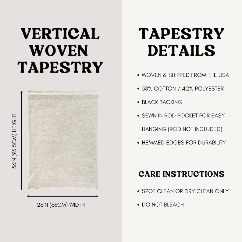 a vertical woven tapestry with details about its care instructions.
