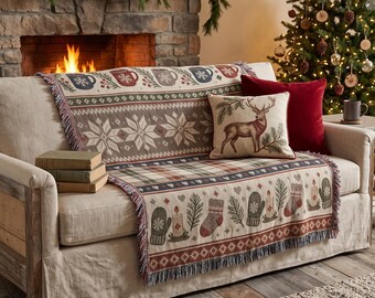 Nordic Winter Woven Blanket, Rustic Cabin Tapestry Wall Hanging, Hygge Decor Plaid Fair Isle Knit Print Throw, Cozy Christmas Holiday Gift
