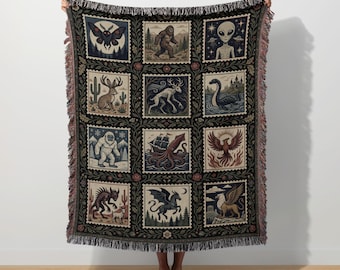 Cryptid Stamp Decor, Weirdcore Wall Tapestry, Mothman Blanket, Bigfoot Folklore Mythical Creature, Cryptidcore Art Throw