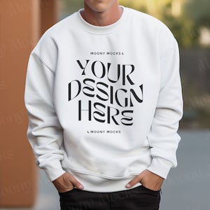Gildan 18000 Mockup Men White Sweatshirt White Gildan 18000 Sweater Mockup Gildan Mock Male Model Oversize Lifestyle Crewneck Outdoor Trendy