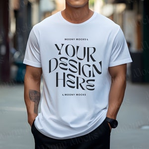 Gildan 5000 Mockup White Tshirt Mockup Male Shirt Mockup Male Model Mock White Gildan 5000 Shirt Man Lifestyle Mockup Outdoor Oversized Mock