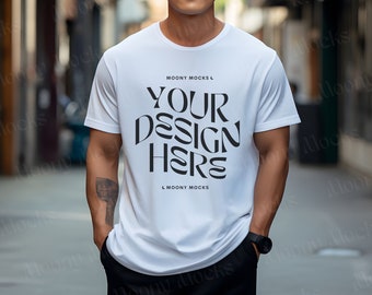 Gildan 5000 Mockup White Tshirt Mockup Male Shirt Mockup Male Model Mock White Gildan 5000 Shirt Man Lifestyle Mockup Outdoor Oversized Mock