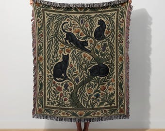 Black Cat Woven Blanket, William Morris Wall Tapestry, Cottagecore Cat Mom Decor, Witchy Botanical Cat Lover Gift