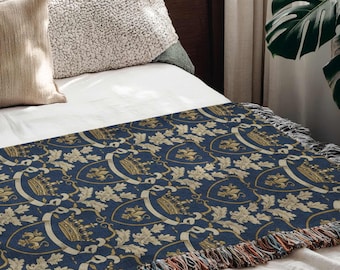 Medieval Crown Blanket, Heraldic Woven Tapestry, Regal Ornate Fantasy Decor, Royal Renaissance Throw