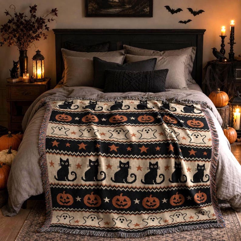 a cozy and festive Halloween-themed bedroom. The focal point is a bed adorned with a black and orange blanket featuring Halloween-themed cats and pumpkins. The bed is surrounded by various Halloween decorations, including bats, pumpkins, and a lantern. The room is further decorated with a Halloween-themed rug and a vase of pumpkins.