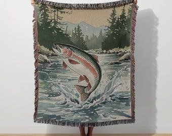 Rainbow Trout Fishing Blanket, Fly Fish Wall Tapestry, Rustic Woven Decor, Lodge Wildlife Nature Throw