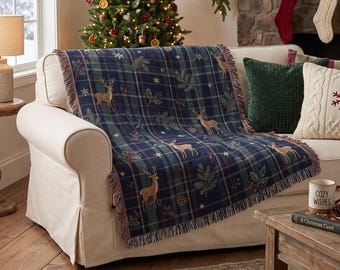Christmas Plaid Woven Blanket, Rustic Reindeer Tapestry, Cozy Winter Wall Hanging, Holiday Cabin Throw, Home Decor Gift