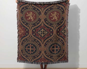 Medieval Lion Blanket, Heraldic Woven Tapestry, Regal Ornate Renaissance Decor, Noble Fantasy Throw