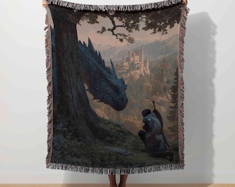 Medieval Knight Tapestry, Dragon Woven Blanket, Warrior Throw Renaissance Art, Dark Fantasy Castle