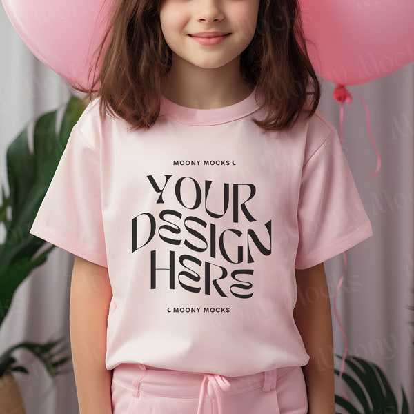 Kids Tshirt Mockup Gildan 5000B Youth Pink Shirt Kid Model Mock-Up Boho Light Pink Tee Gildan 5000B Child Lifestyle Blank Girl Toddler Tee