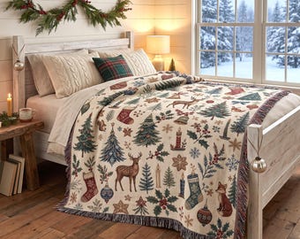 Vintage Christmas Woven Blanket, Wooldland Tapestry Wall Hanging, Folk Art Deer Pine Tree Holiday Throw, Nostalgic Winter Cabin Decor