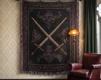 Medieval Sword Tapestry, Gothic Woven Blanket,  Renaissance Art, Dark Fantasy Throw, Regal Warrior Knight