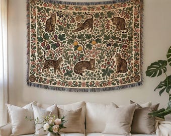 William Morris Cat Garden Woven Blanket, Fruit Cat Wall Tapestry, Vintage Botanical Cottagecore Art, Cute Cat Decor Gift for Cat Lover