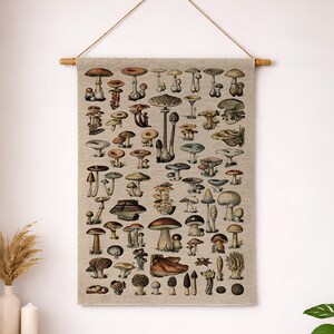 Vintage Mushroom Tapestry, Botanical Fungi Wall Hanging, Mycologist Gift, Cottagecore Dark Academia Home Decor, Nature Lover Gift