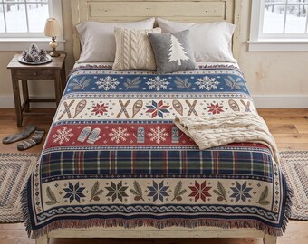 Rustic Winter Woven Blanket, Cabin Wall Hanging, Nordic Ski Lodge Tapestry, Cozy Snowflake Plaid Throw for Christmas Home Decor