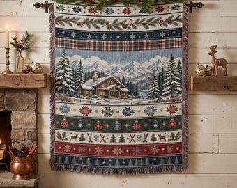 Winter Cabin Woven Blanket, Rustic Christmas Wall Hanging Tapestry, Mountain Lodge Decor, Festive Holiday Plaid Throw, Cozy Cabin Gift