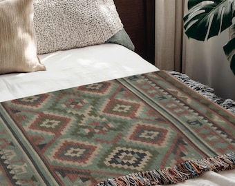 Southwestern Blanket, Tribal Aztec Moroccan Throw, Turkish Cotton Kilim Decor, Boho Geometric Woven Tapestry