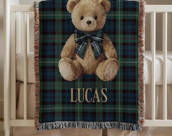 Custom Teddy Baby Woven Blanket, Personalized Tartan Plaid Polo Bear, Preppy Nursery Decor Gift