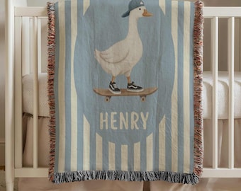 Custom Skater Baby Blanket, Goose Personalized Name Blue Heirloom Throw, Boy Nursery Decor Gift, Newborn Baby Shower