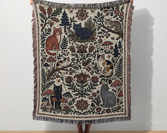Folklore Cat Woven Blanket, Whimsical Cottagecore Cat Lover Wall Tapestry, Botanical Folk Cat Mom Throw Gift