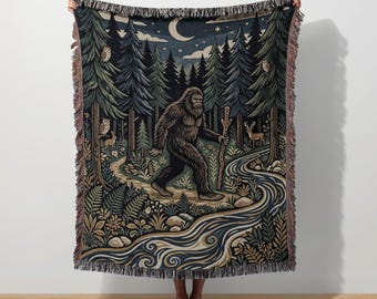 Bigfoot Woven Blanket, Sasquatch Wall Tapestry, Cryptid Forest Outdoorsy, Woodland Weirdcore Art, Mythical Creature