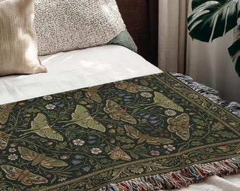 Luna Moth Woven Blanket, William Morris Wall Tapestry, Dark Academia Decor, Vintage Witchy Throw, Botanical Cottagecore