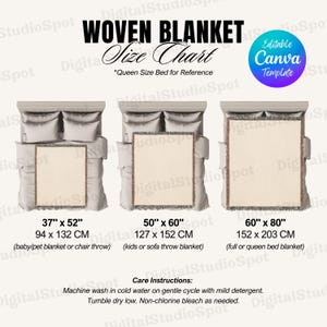 Woven Blanket Size Chart Woven Blanket Size Guide Editable Canva Template Printify Throw Blanket Mockup Size Chart Fringe MWW Gooten Blanket