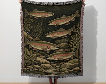 Trout Fishing Woven Blanket, Vintage Nature Tapestry, Angler Fisherman Gift, Lodge Cabin Decor