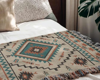 Southwestern Blanket, Tribal Aztec Geometric Throw, Turkish Cotton Kilim Decor, Boho Moroccan Woven Tapestry