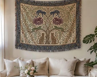 Art Nouveau Cat Woven Blanket, William Morris Style Wall Tapestry, Folklore Cat Mom Home Decor Gift, Vintage Botanical Tree of Life