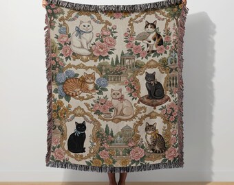 Regal Cat Woven Blanket, Vintage Floral Rococo Kitty Tapestry, Grandmillennial Shabby Chic, Cat Lover Gift for Cat Mom Decor