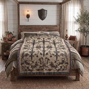 a cozy bedroom with a large bed, a wooden headboard, and a decorative throw blanket featuring a floral pattern. The room also includes a wooden nightstand, a lamp, and a potted plant, creating a warm and inviting atmosphere.