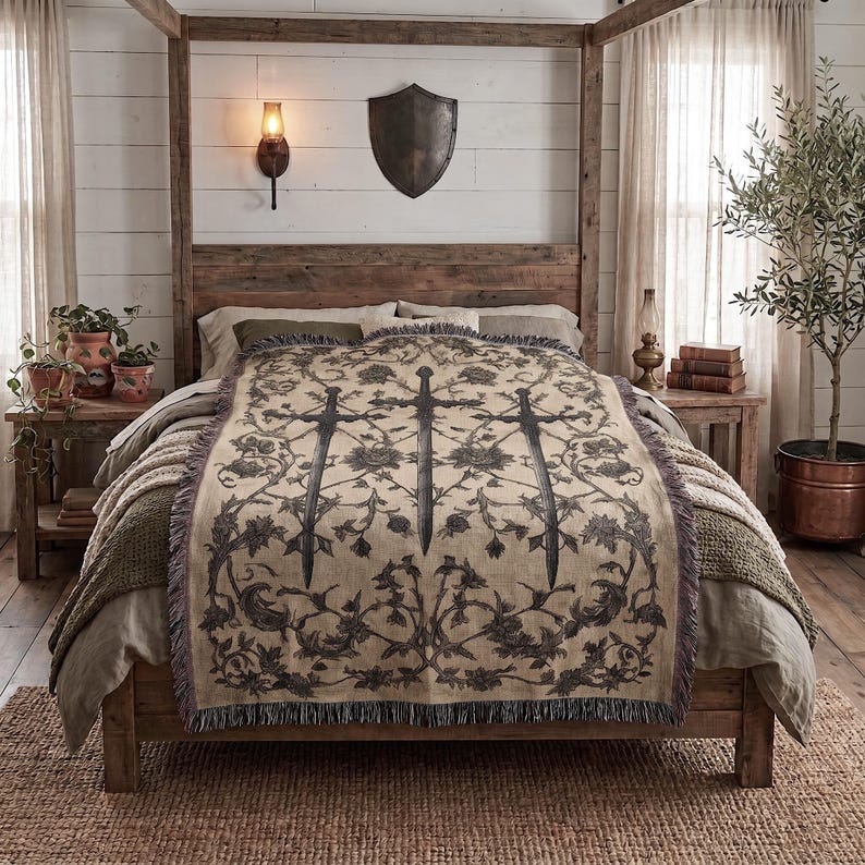a cozy bedroom with a large bed, a wooden headboard, and a decorative throw blanket featuring a floral pattern. The room also includes a wooden nightstand, a lamp, and a potted plant, creating a warm and inviting atmosphere.