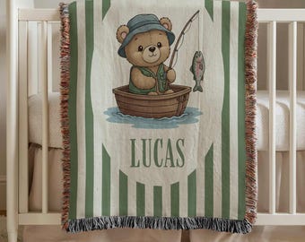 Custom Fishing Baby Blanket, Personalized Fisherman Bear Woven Blanket, Teddy Nursery Decor Gift, Fisher Baby Shower