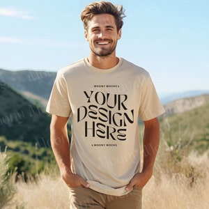 Gildan 5000 Mockup Sand Tshirt Mockup Mens Shirt Mockup Male Model Shirt Sand Gildan 5000 Man Lifestyle Outdoor Nature Mountain Tee Blank