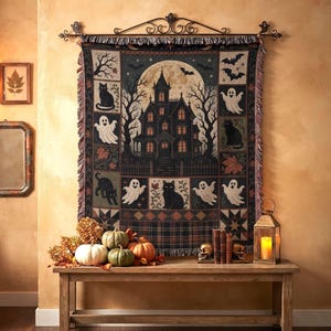 May include: A rectangular woven wall tapestry featuring a haunted house, a full moon, bats, ghosts, and black cats. The tapestry has a fringed edge and is suspended from a black metal rod with decorative finials. The design includes autumn leaves.