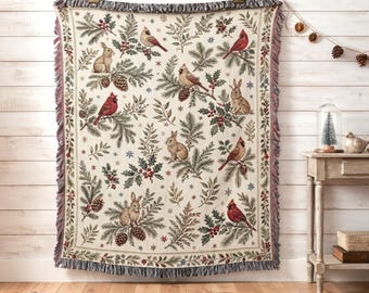 Vintage Cardinal Bird Woven Blanket, Rustic Christmas Wall Hanging Tapestry, Holiday Throw, Winter Botanical Decor Gift