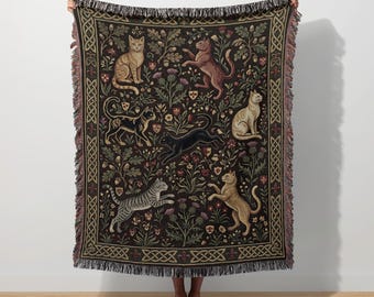 Medieval Cat Woven Blanket, Renaissance Wall Tapestry, Fantasy Cat Art Throw, Weird Witchy Cat Mom Decor Gift
