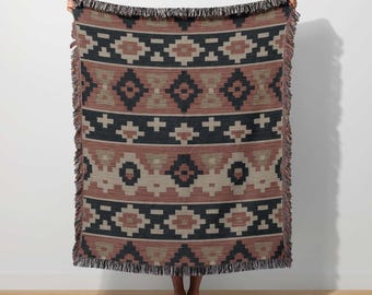 Aztec Tribal Blanket, Turkish Cotton Kilim, Southwestern Throw, Geometric Rustic Lodge Moroccan Decor, Boho Ethnic Tapestry